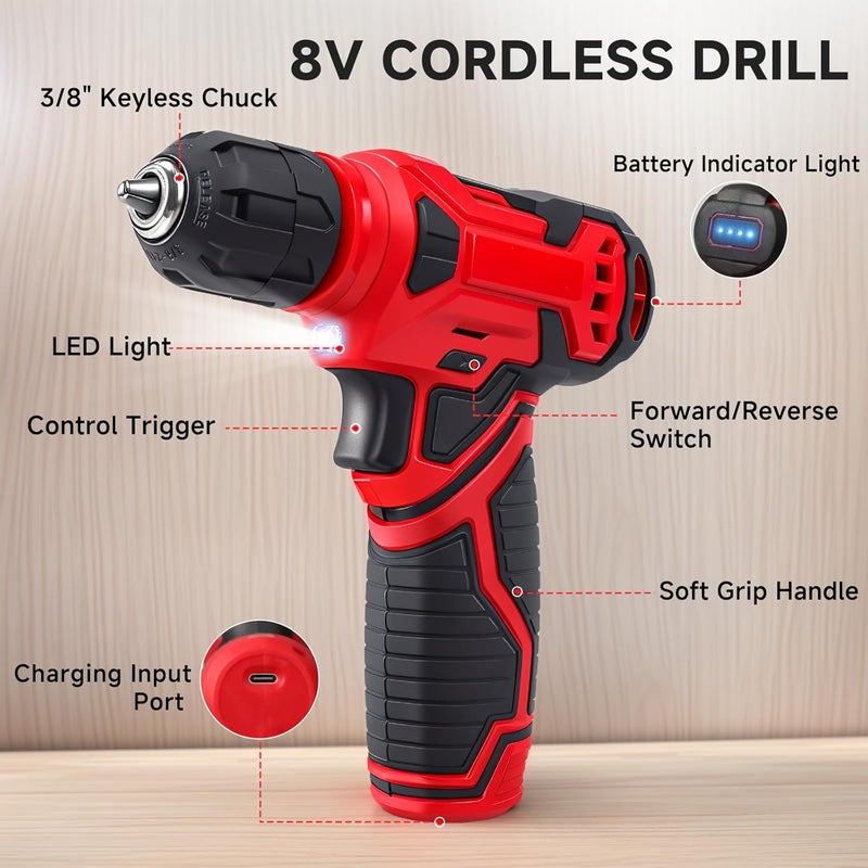 prekull Tool Set - 8V Cordless Drill Set, 132 Piece Home Tool Set With Hand Drill, Tool Kit for Women & Men, Perfect for Homeowner, Diyer, Handyman - Image 4